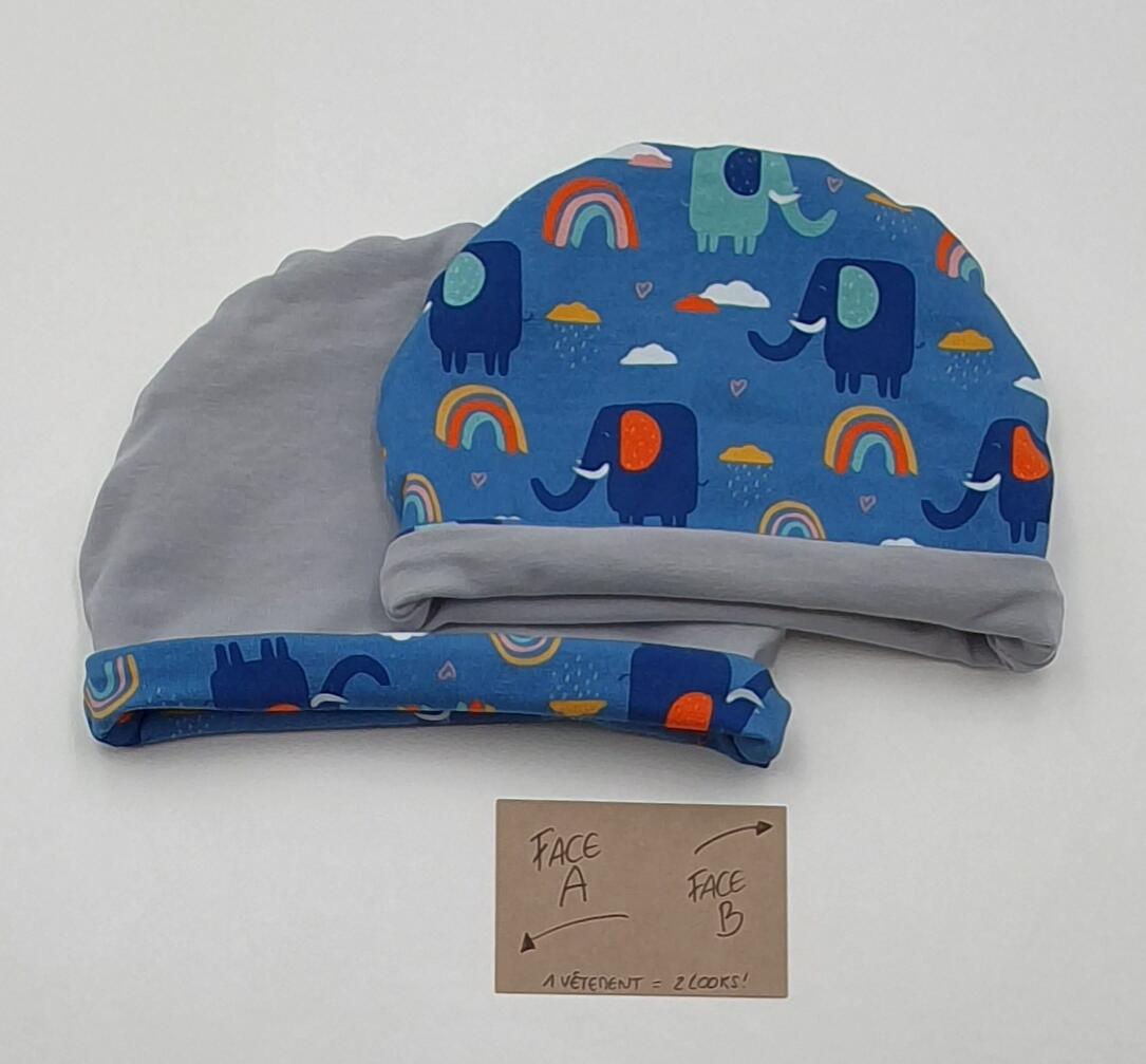 Reversible and adjustable beanie "Blue Elephants"