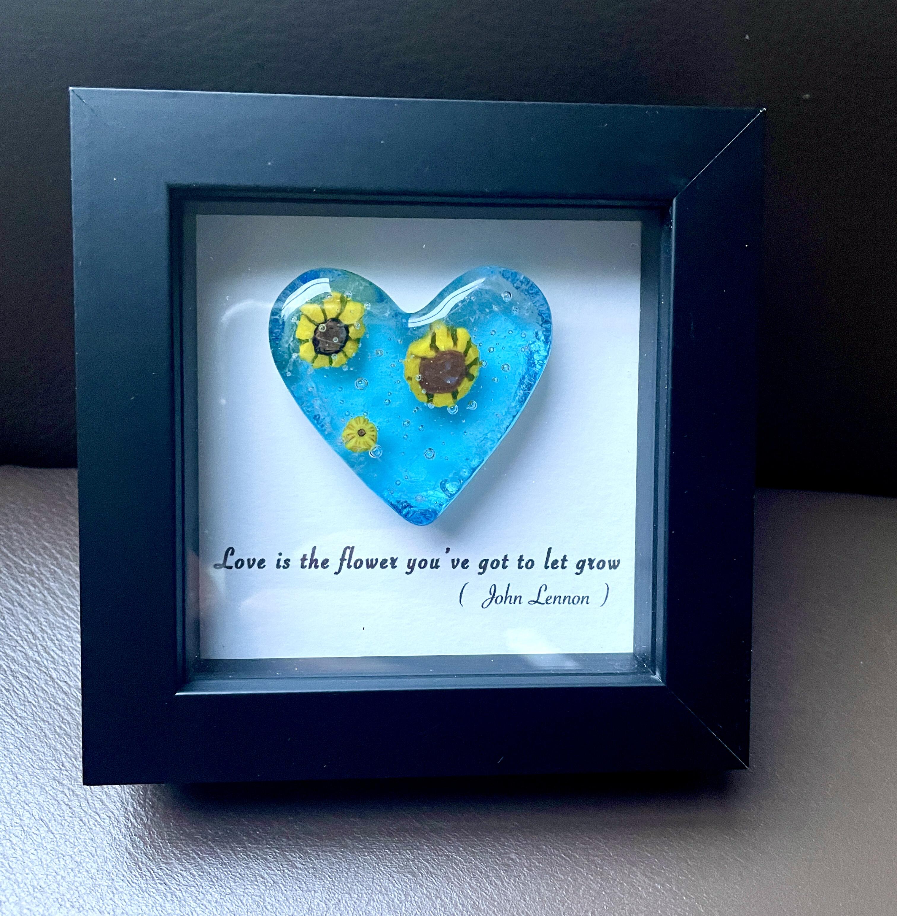 Millefiori Herz aus Glas in schwarzem Holzrahmen, Unikat, handgemacht 