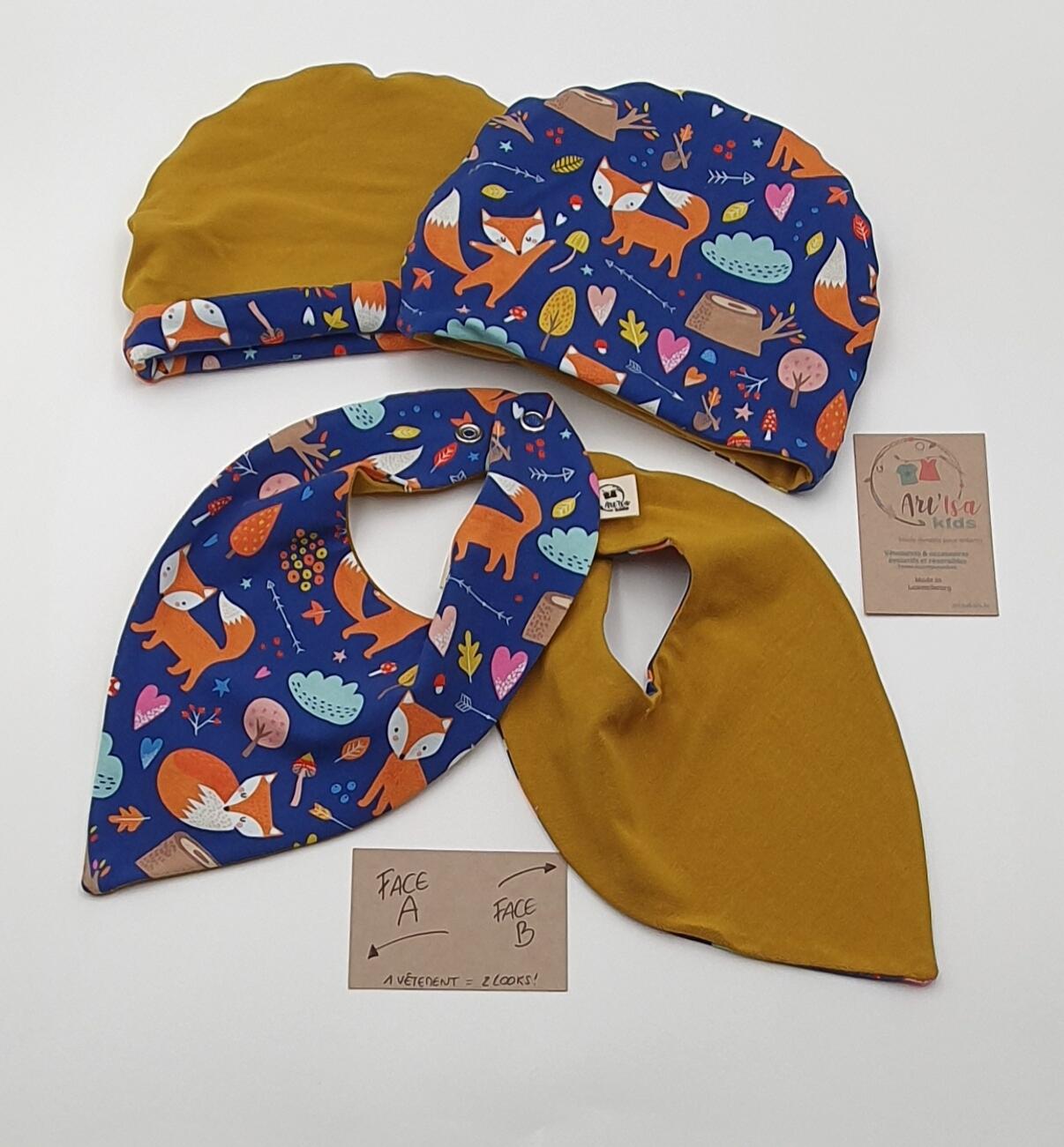 Ensemble bonnet + bandana "Renards bleus"