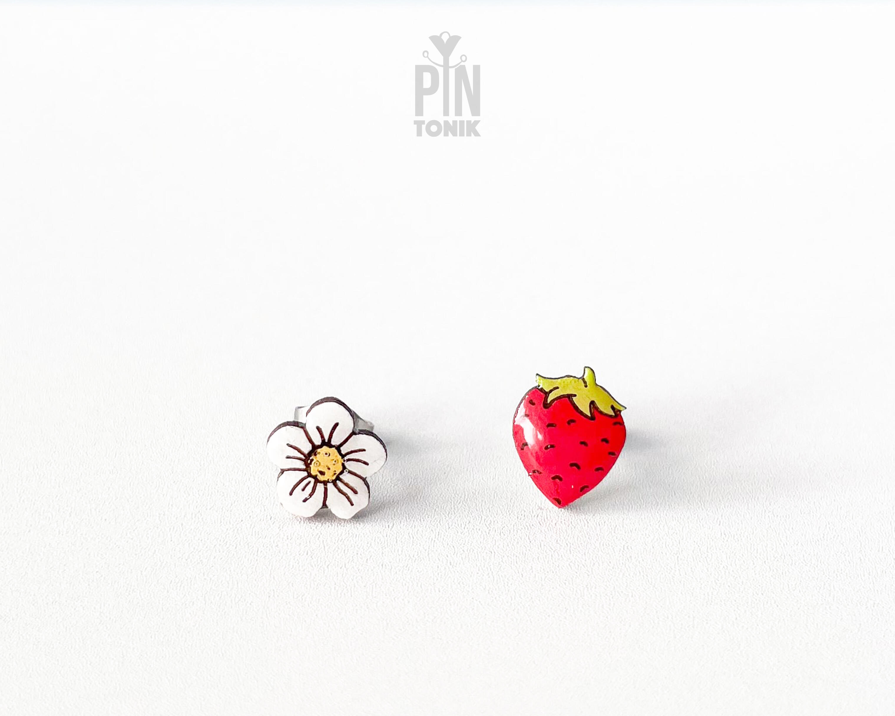 Mismatched Strawberry Stud Earrings | Wooden Summer Jewelry | PinTonik