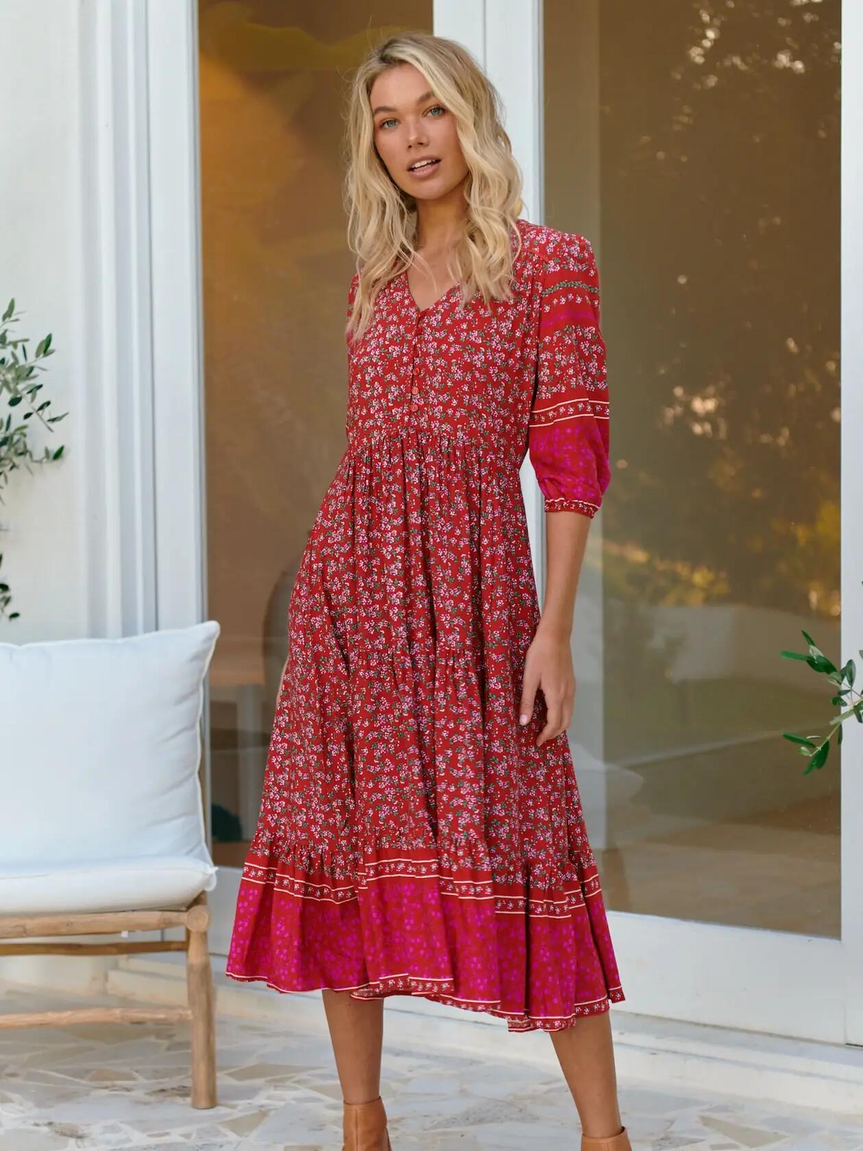 Jaase Hibiskus Midi Kleid in rot - verschiedene Grössen - 