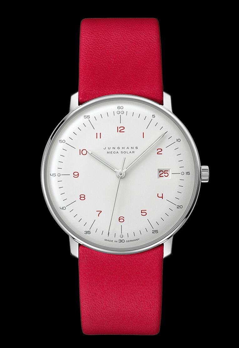 Junghans Max Bill MEGA Solar Uhr, weißes Zifferblatt, 38 mm, mit rotem Lederarmband