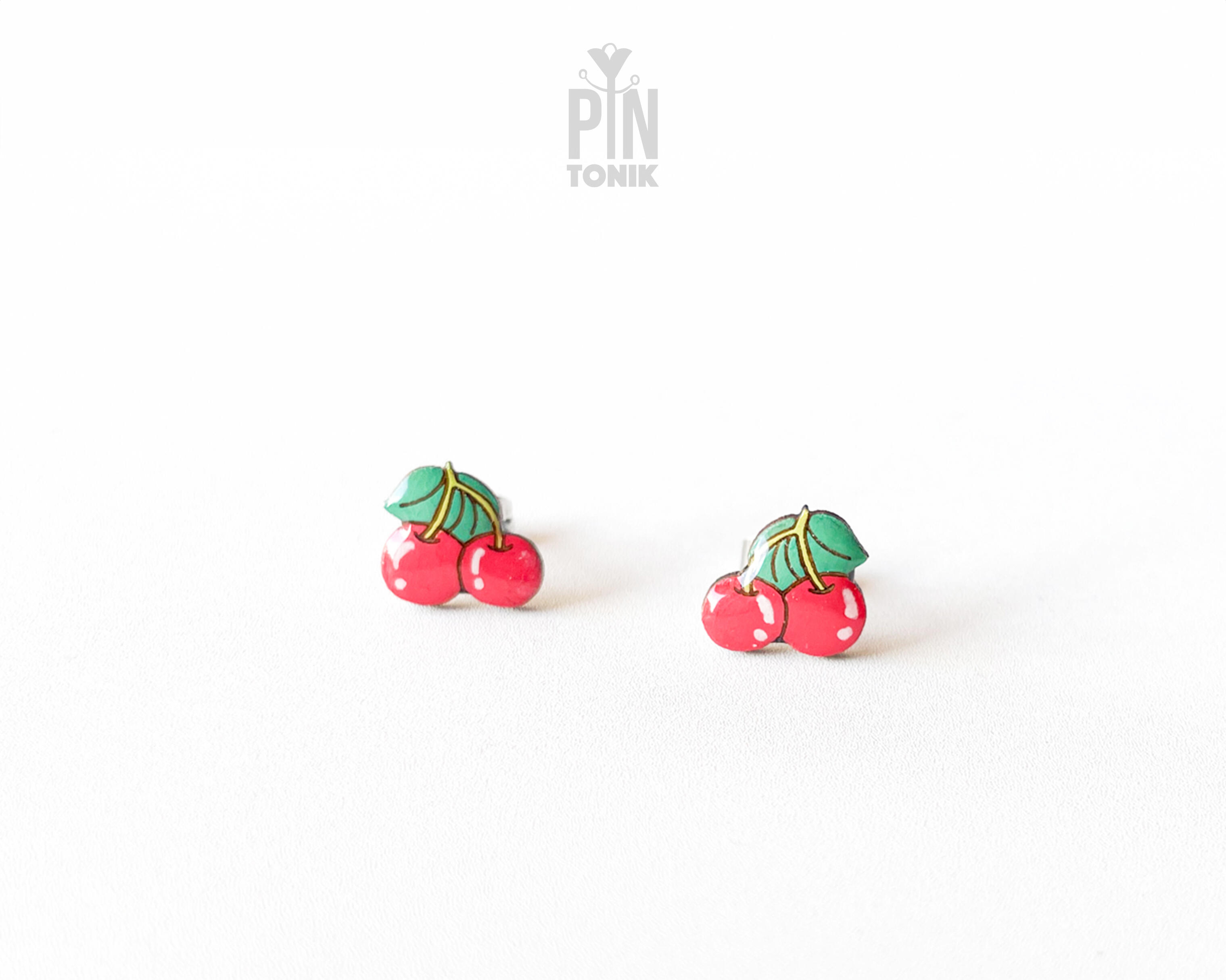 Boucles d'Oreilles Clous Cerises | Boucles d'Oreilles Cerises en Bois | PinTonik