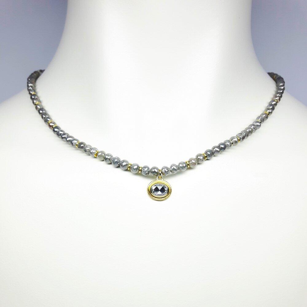 "Shine On You Crazy Diamond", necklace made of faceted diamond rondelles, rose-cut diamond, and 18kt yellow gold. Unique piece.