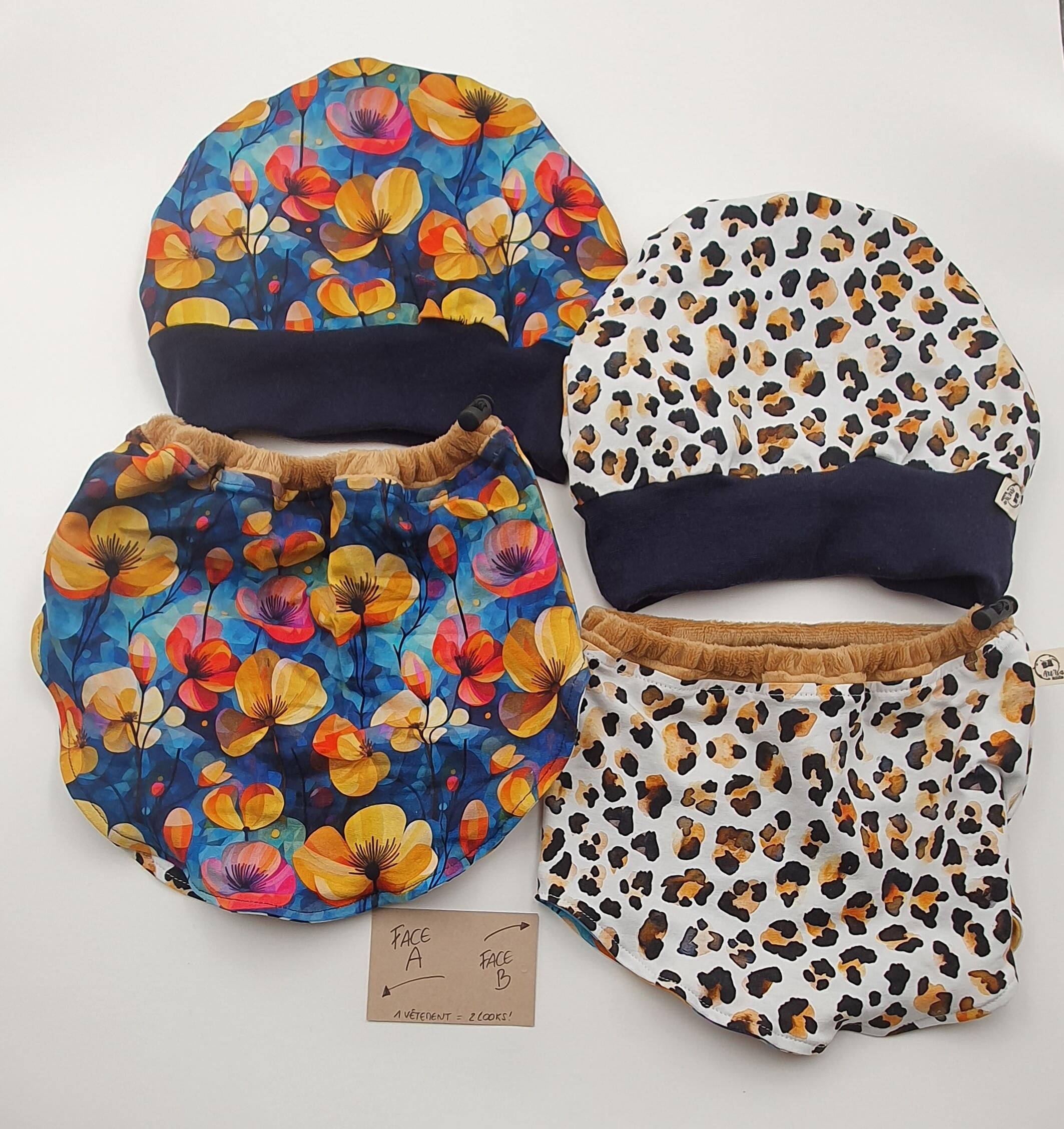 Ensemble hiver bonnet + col "Fleurs & Léopard"