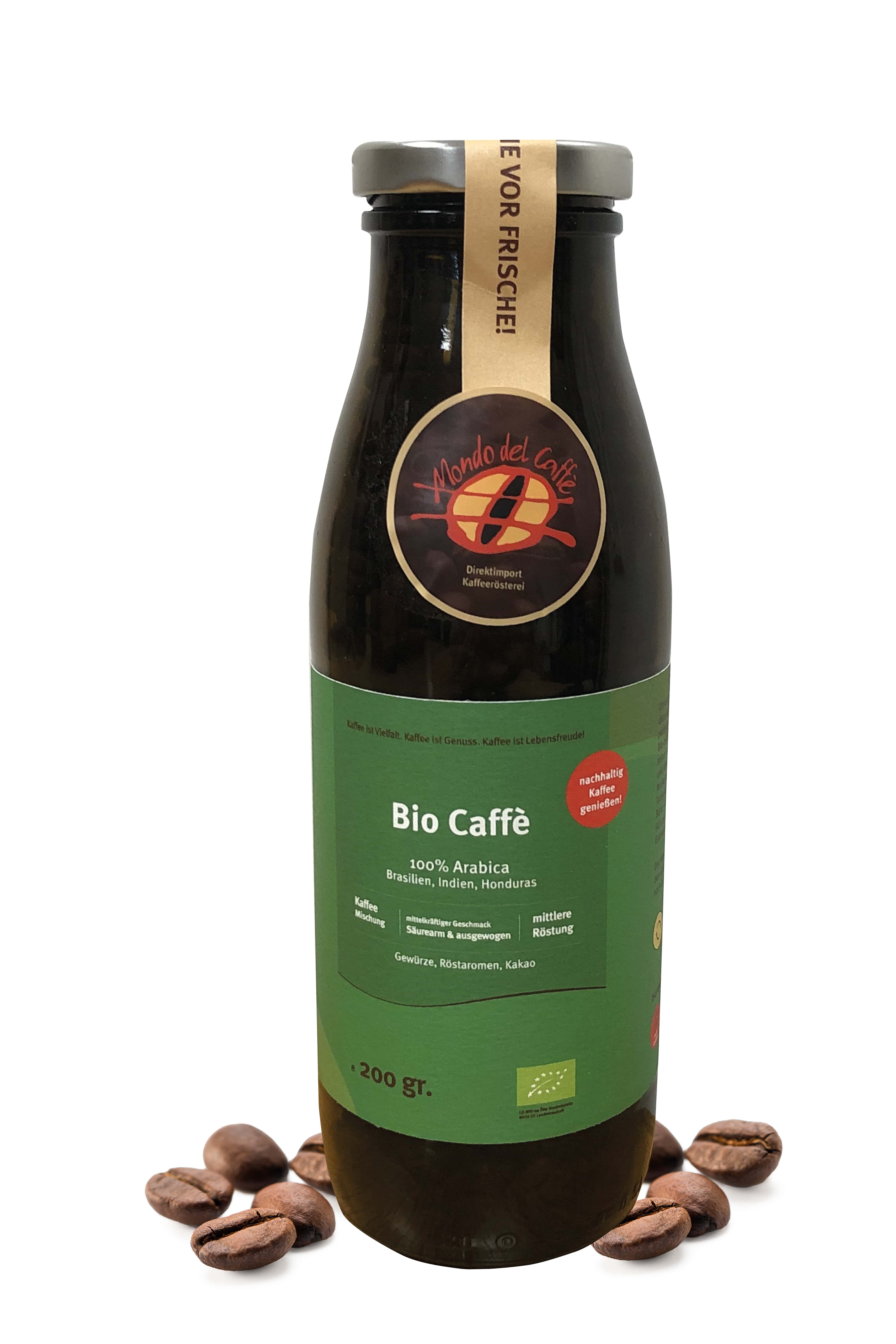 BIO Caffè Cremè Correct Organic Coffee 100% Arabica in amber glass bottle