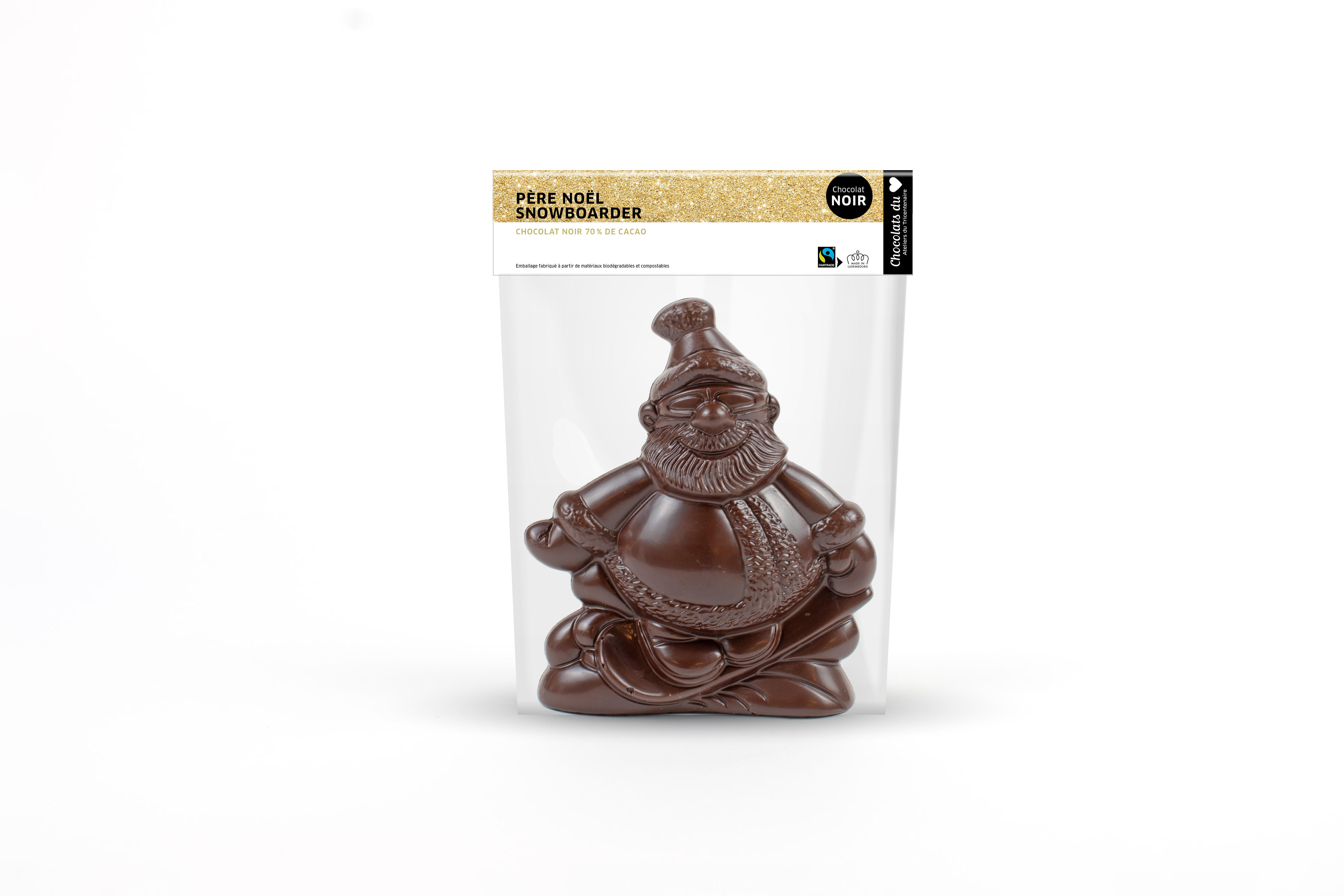 Noël - Père Noël snowboarder, Milch- oder Zartbitterschokolade Fairtrade 120 g.