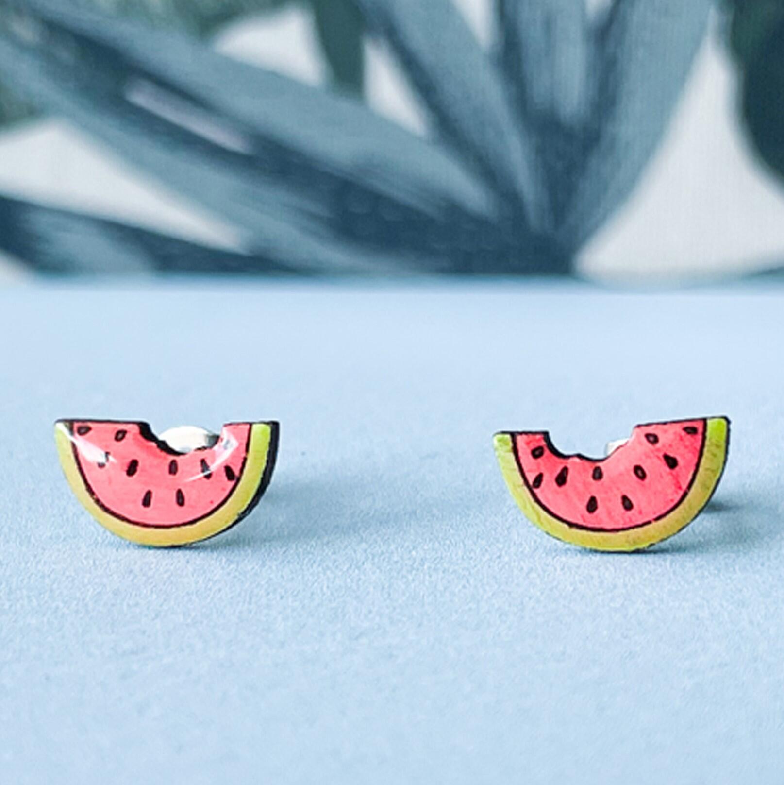 Boucles d'Oreilles Clous Pastèque | Boucles d'Oreilles Fruit en Bois | PinTonik