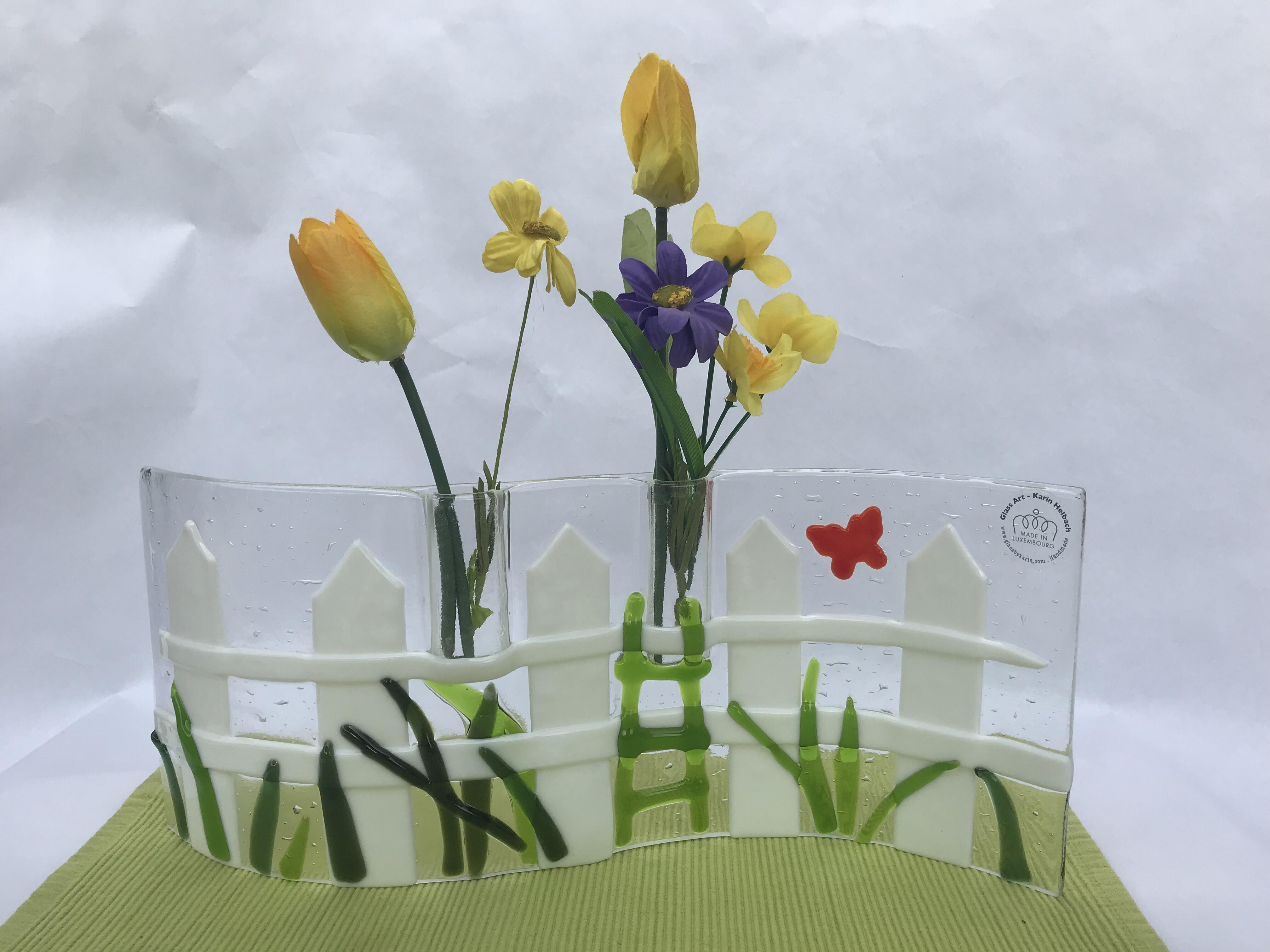 Vase en verre avec motif de clôture de jardin, fait à la main, pièce unique