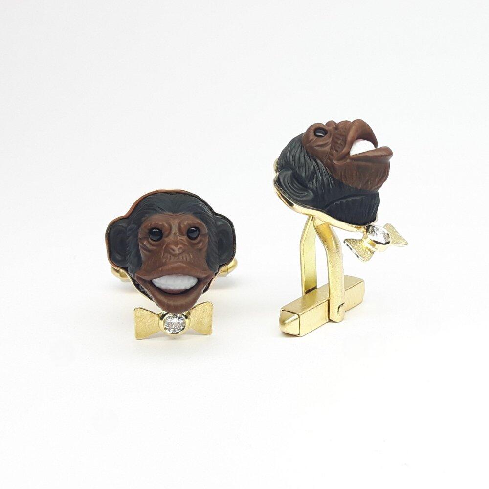 "monkey business", cufflinks made of 18kt gold, mahogany obsidian, onyx, chrysoprase, and diamonds. Unique piece.