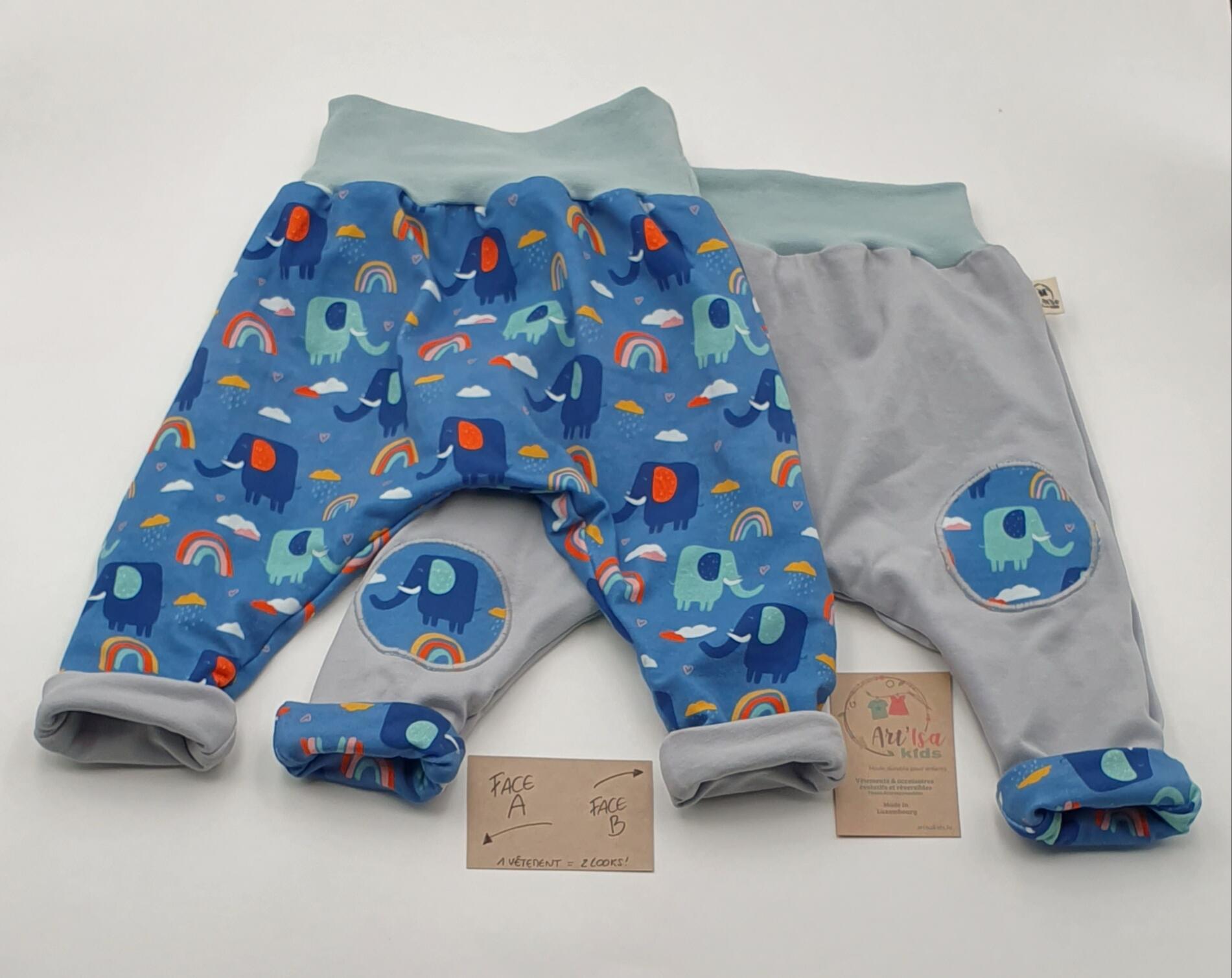Reversible and adjustable pants "Blue Elephants"