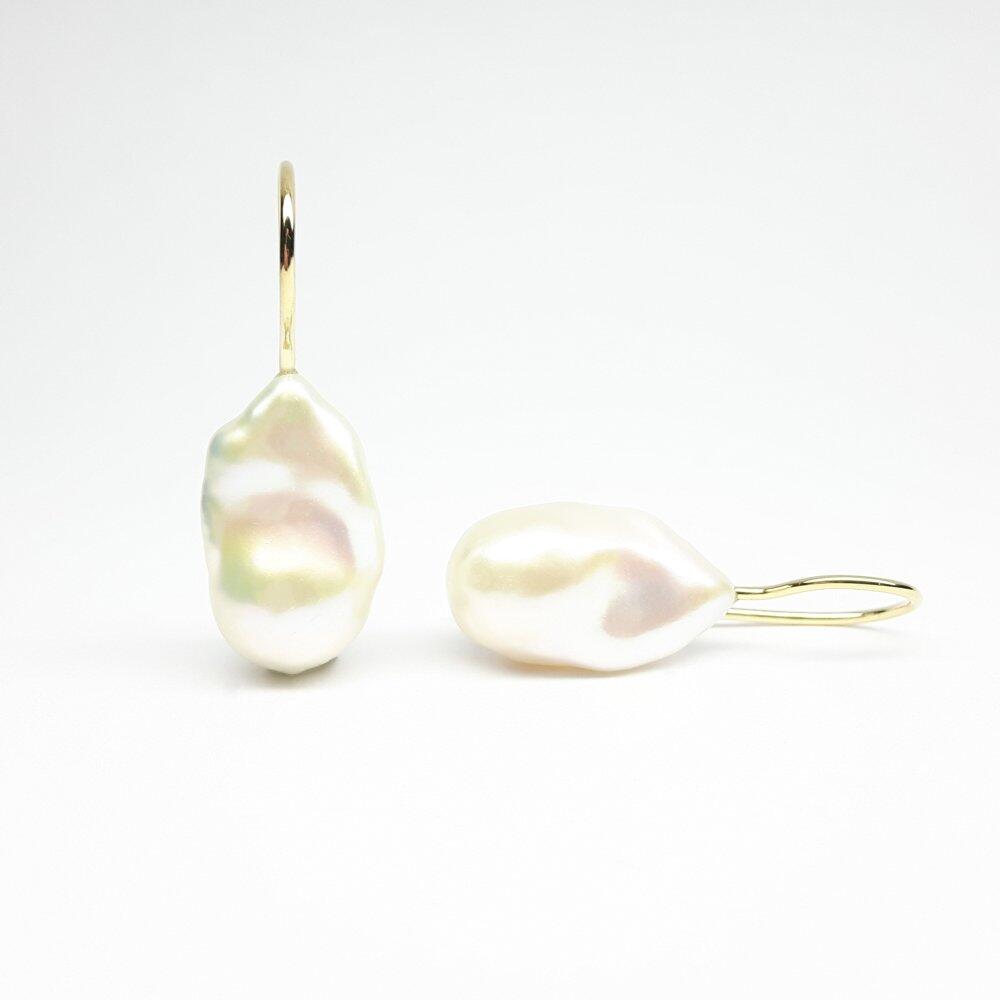 18k yellow gold drop earrings with white freshwater cultured pearls. One of a kind.