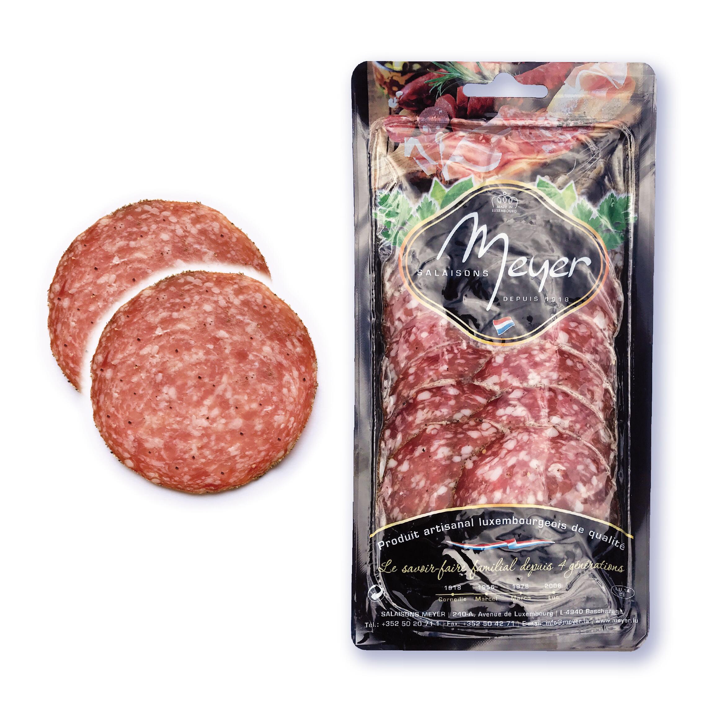 Viande, Salami au poivre, en tranches +/- 120 gr.