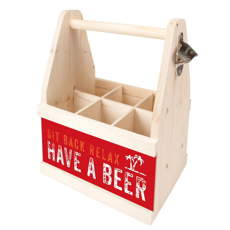 Beer Caddy en bois avec motif imprimé sur une face "SIT BACK RELAX HAVE A BEER", porte-bouteilles pour 6 bouteilles de bière, y compris ouvre-bouteilles latéral en métal, dimensions 26 x 34 x 17 cm