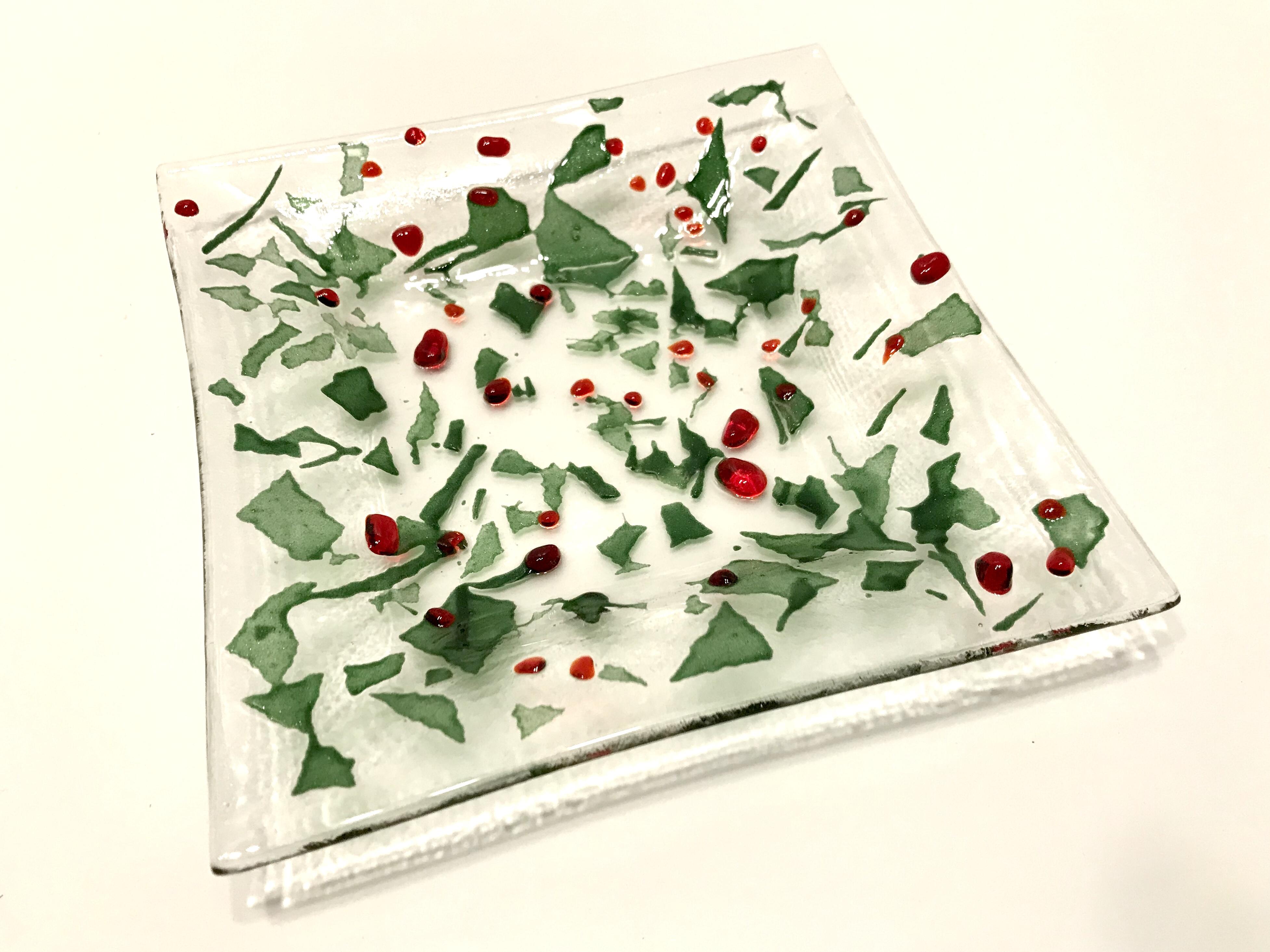 Square glass bowl, handmade , transparent glass with colorful design