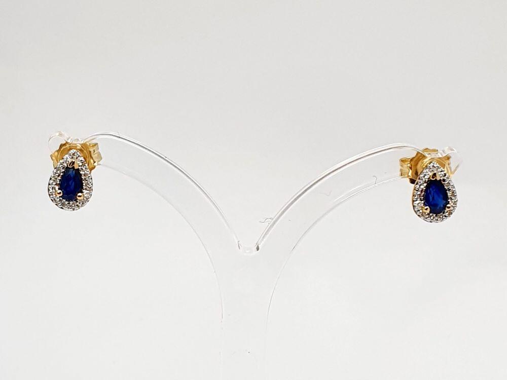 # Yellow gold earrings with 0.48ct pear cut sapphires and 0.13ct natural diamonds, 8.3mm