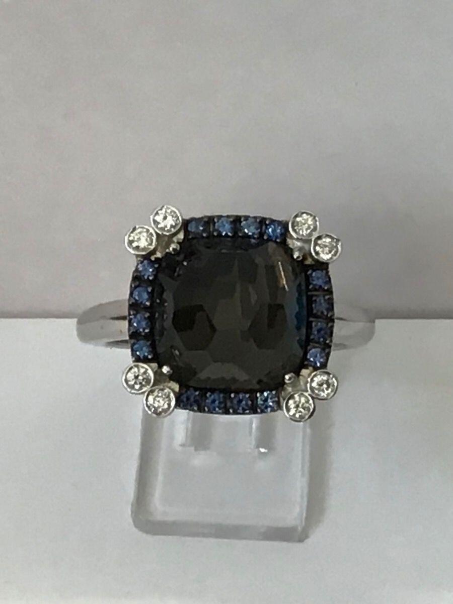 # White gold ring with tourmaline, sapphire and 0.10ct natural diamonds