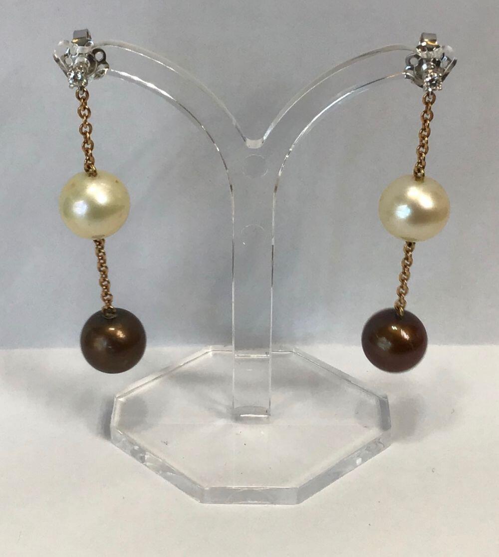 # Rose gold pendant earrings with white and brown pearls and 0.10ct. natural diamonds