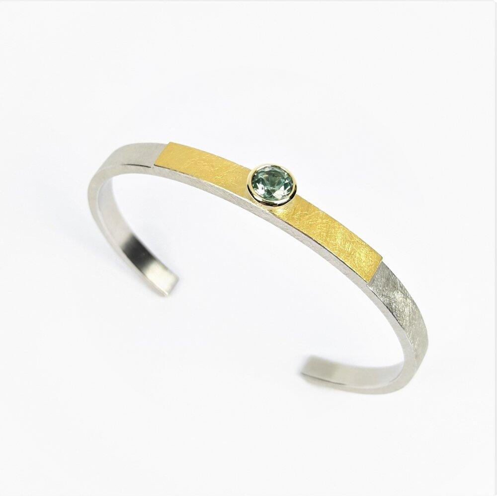 Bangle XS made of fine gold, 18kt yellow gold, 925 silver and tourmaline, XS. Unique piece.