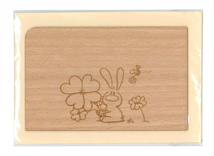 Carte postale en bois pour Pâques "Lapin de Pâques trèfle" avec enveloppe, bois, 140mm x 90mm
