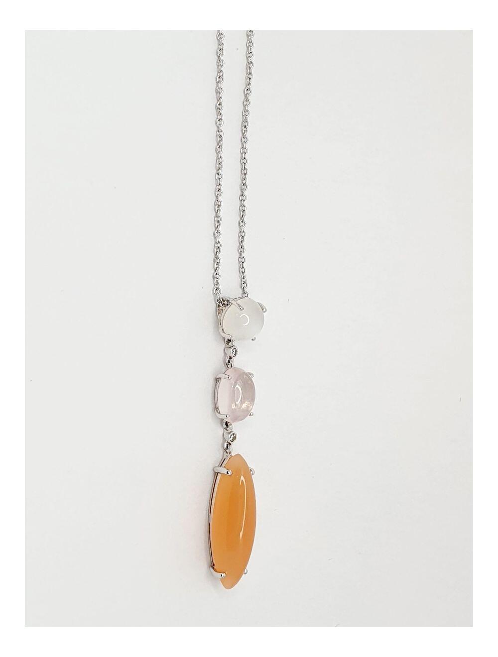 # White gold chain necklace with orange, purple and clear moonstone and 0.04ct natural diamonds