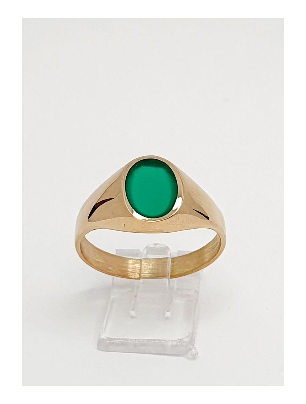 # Yellow gold signet ring with green agate stone 9x7mm