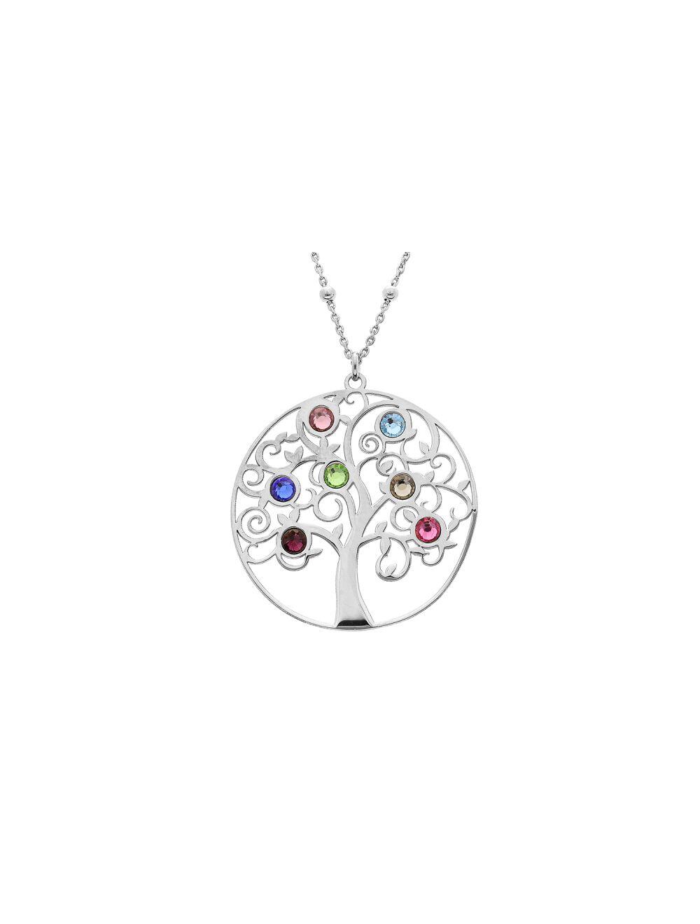 # Collier argent avec pendentif arbre de vie et des pierres synthétique multi couleurs 40+4cm