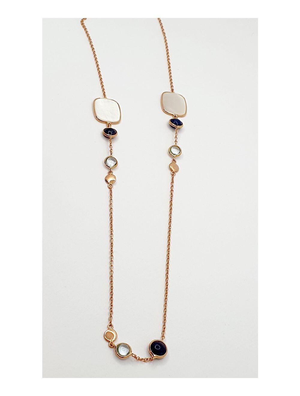 # Collier or rose avec nacre, Aigue-Marine et saphir bleu brut