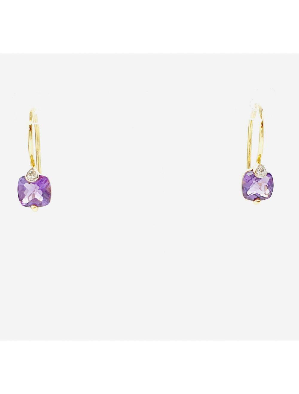 # 18K yellow gold earrings with 0.02ct natural diamonds and amethyst