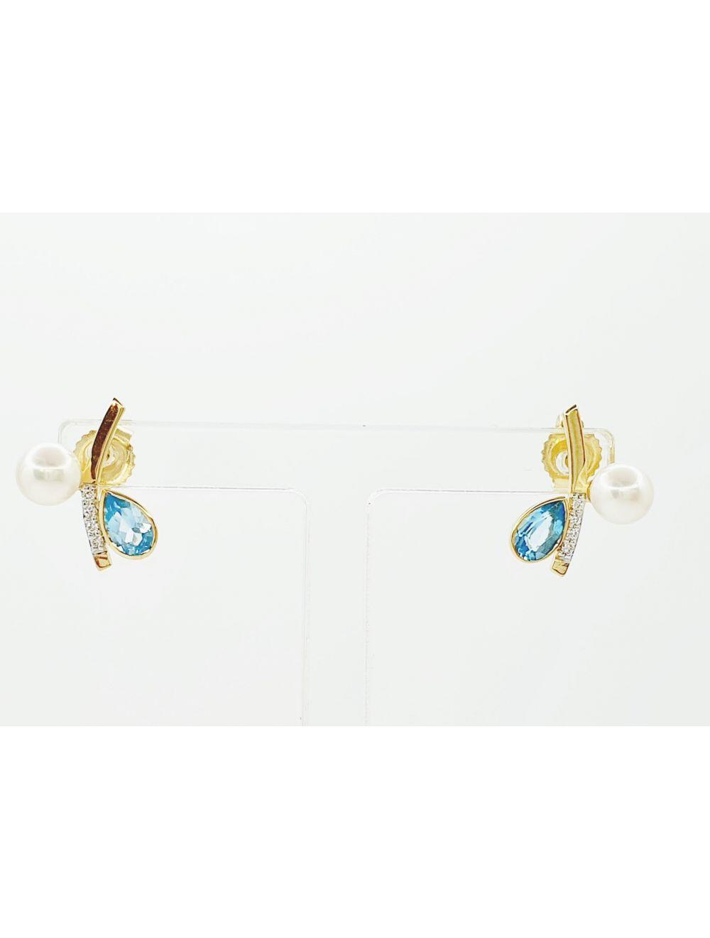 # Yellow gold earrings with pearls, 0.20ct blue topaz and 0.03ct natural diamonds