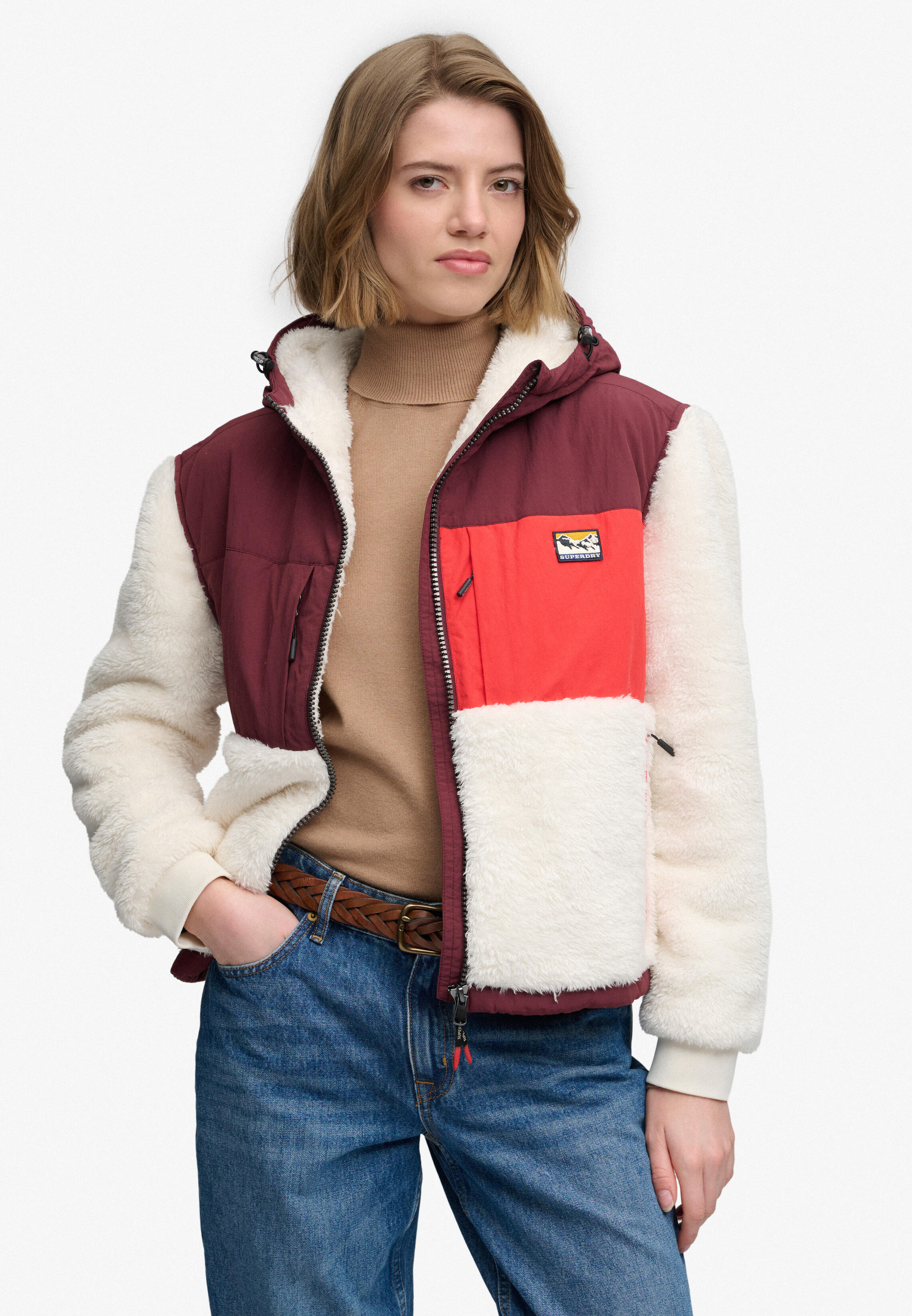 Super Dry Super Soft Hybrid Full Zip, Desert Bone Off White/Port Red - Bild 2