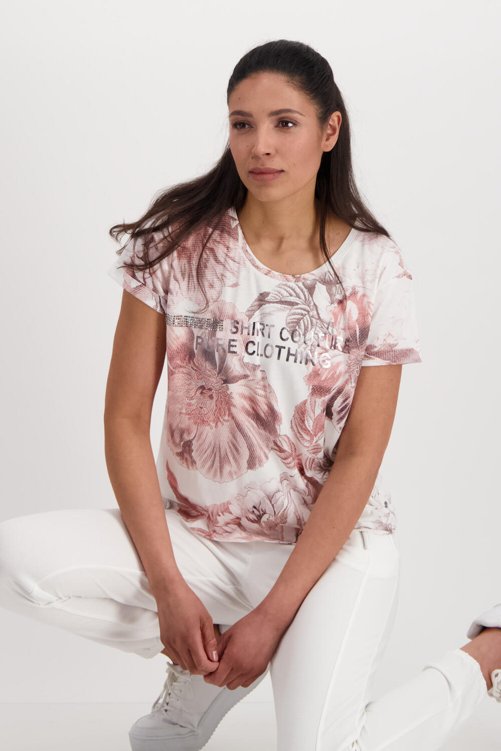 monari Rundhals Jersey Shirt mit Allover Flower Print und Strass |  Deutschland