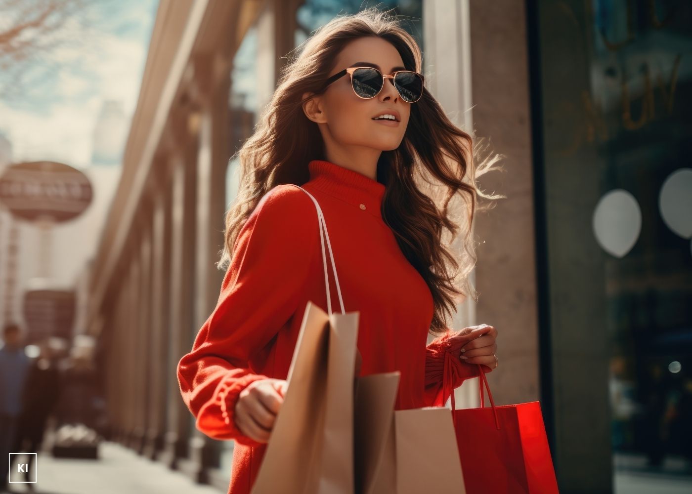 Frau mit Sonnenbrille und Einkaufstaschen in der Hand