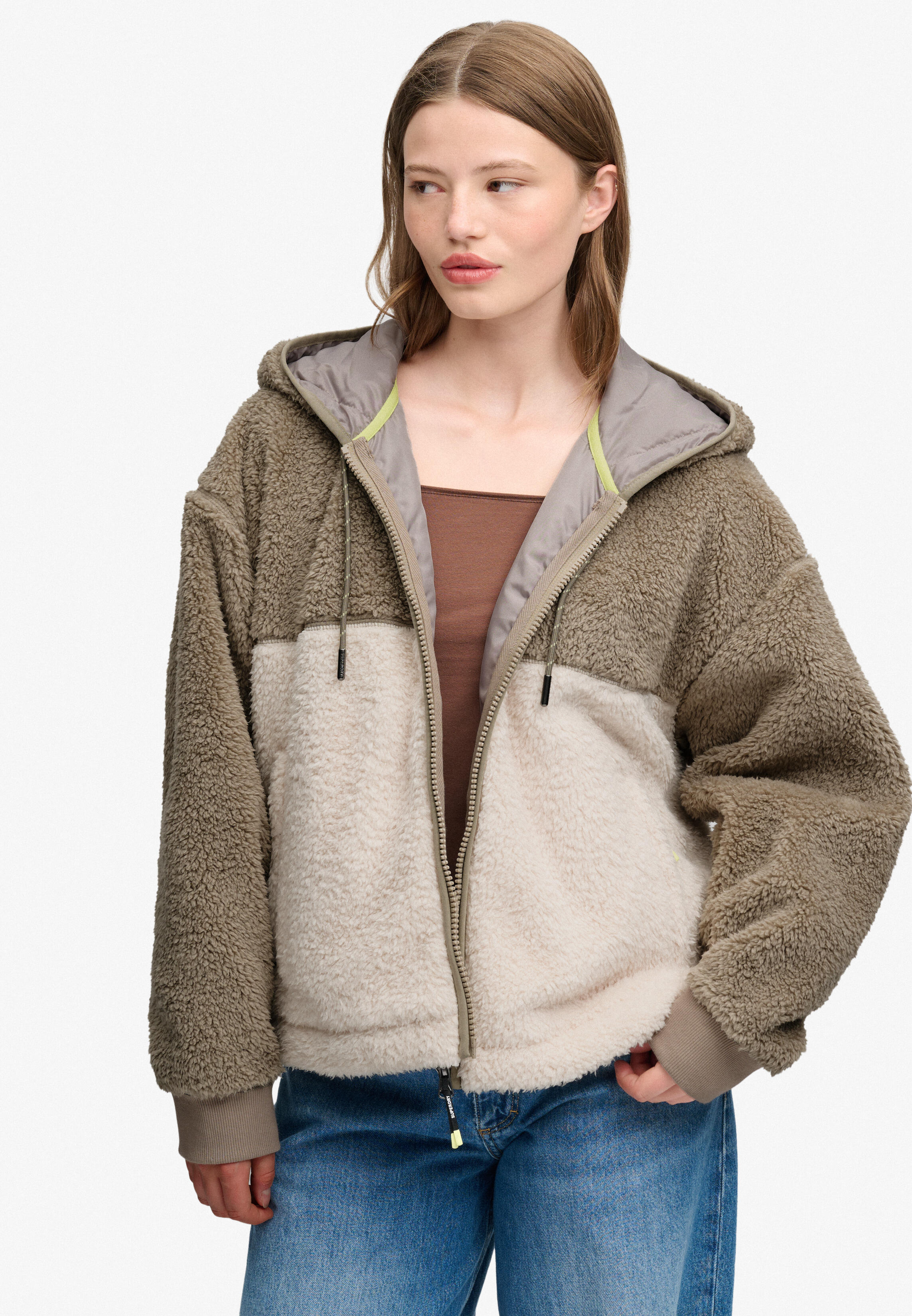 Superdry Damen Braun Kapuzensweatjacke "Super Soft Ziphood", Gr. L, (Vintage Khaki, Sanftes Weiß), Sweatware, Obermaterial: 100% Polyester, Oversi... - Bild 3