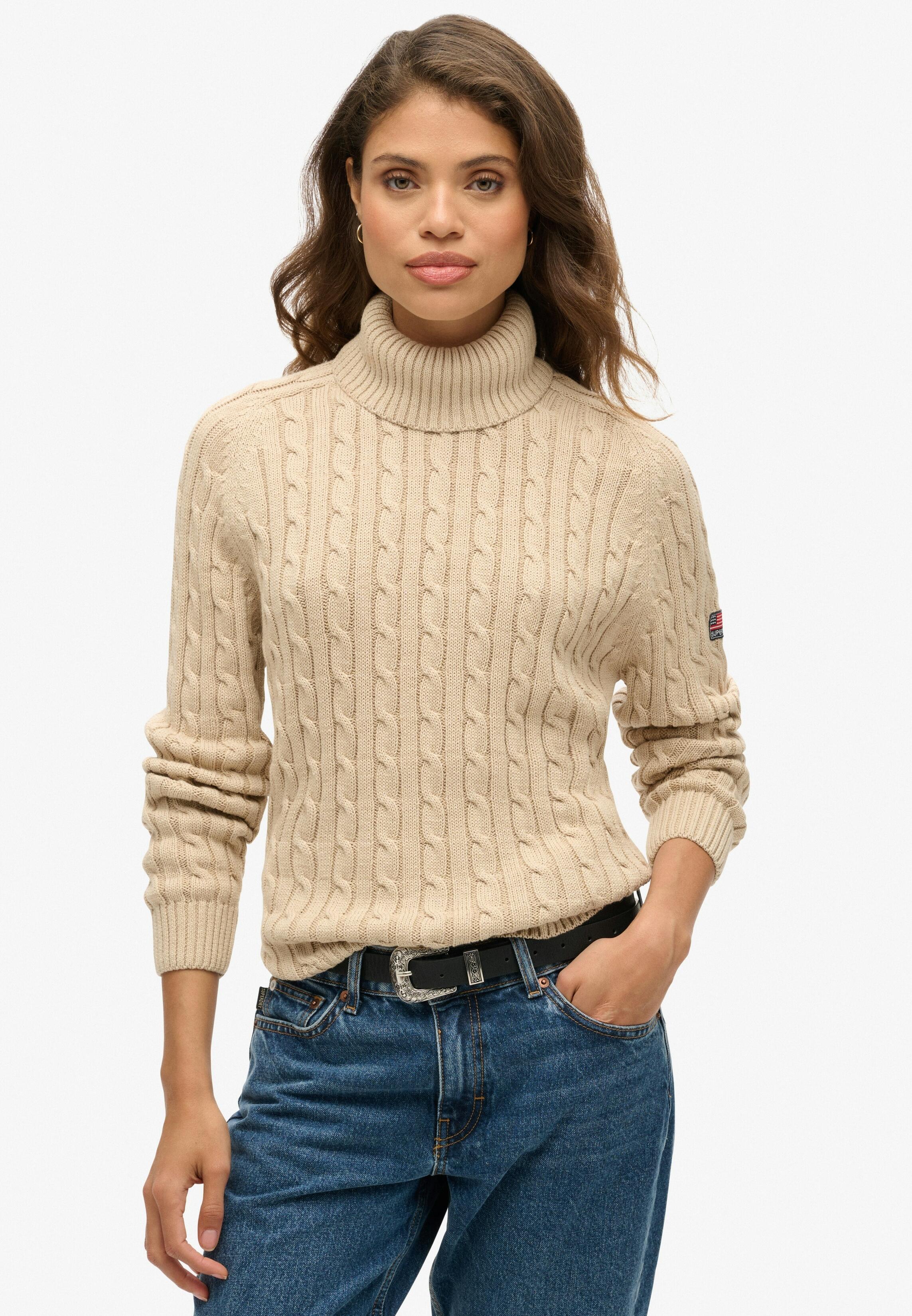 Superdry Damen Taupe Für W6110614a Lockerer Pullover Mit Zopfmuster Und Umschlagkragen, (M), Lässig, Baumwolle, Langarm - Bild 3