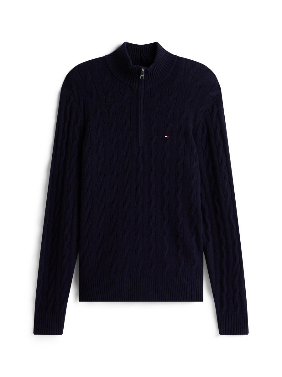 Tommy Hilfiger Blau Pullover Aus Reiner Lammwolle Mit Zopfstrickmuster Und Viertelreißverschluss - Bild 3