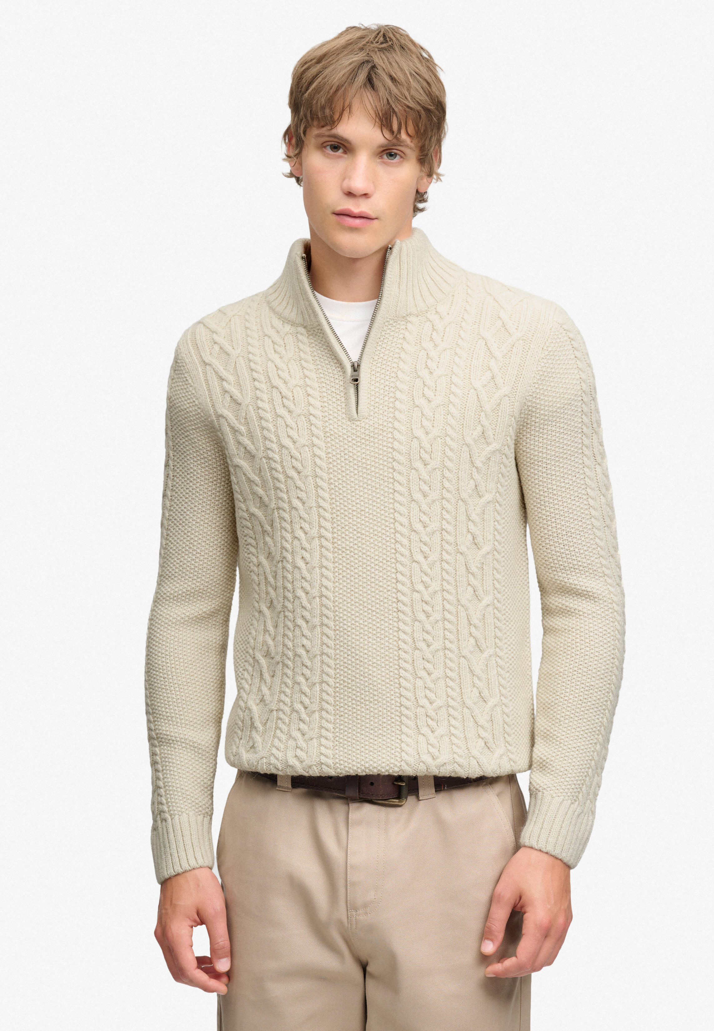 Super Dry Jacob Cable Half Zip Knit, Ecru - Bild 3