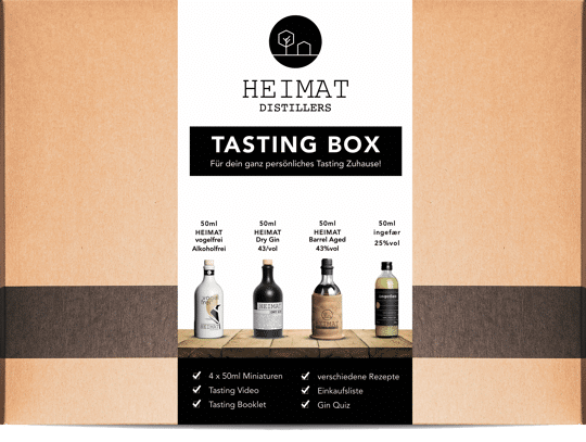 HEIMAT Tasting Box (4x50ml) inkl. Tasting Booklet, Tasting Video, Gin Quiz, Rezepte und Aromarad